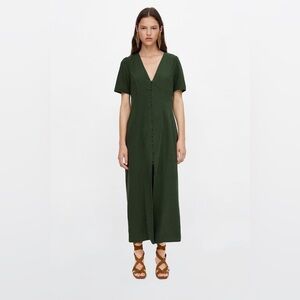 Zara cotton linen buttoned midi dress in emerald